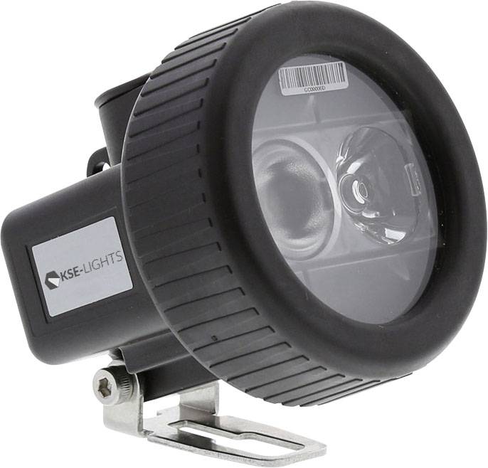 Guľatý, čierny LED reflektor od KSE-LIGHTS s držiakom, vhodný pre priemyselné alebo vonkajšie použitie.