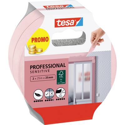 Balenie profesionálnej citlivej lepiacej pásky Tesa, zobrazujúce ruku používajúcu pásku na povrchu. Etiketa uvádza '2 x 25m x 25mm'.