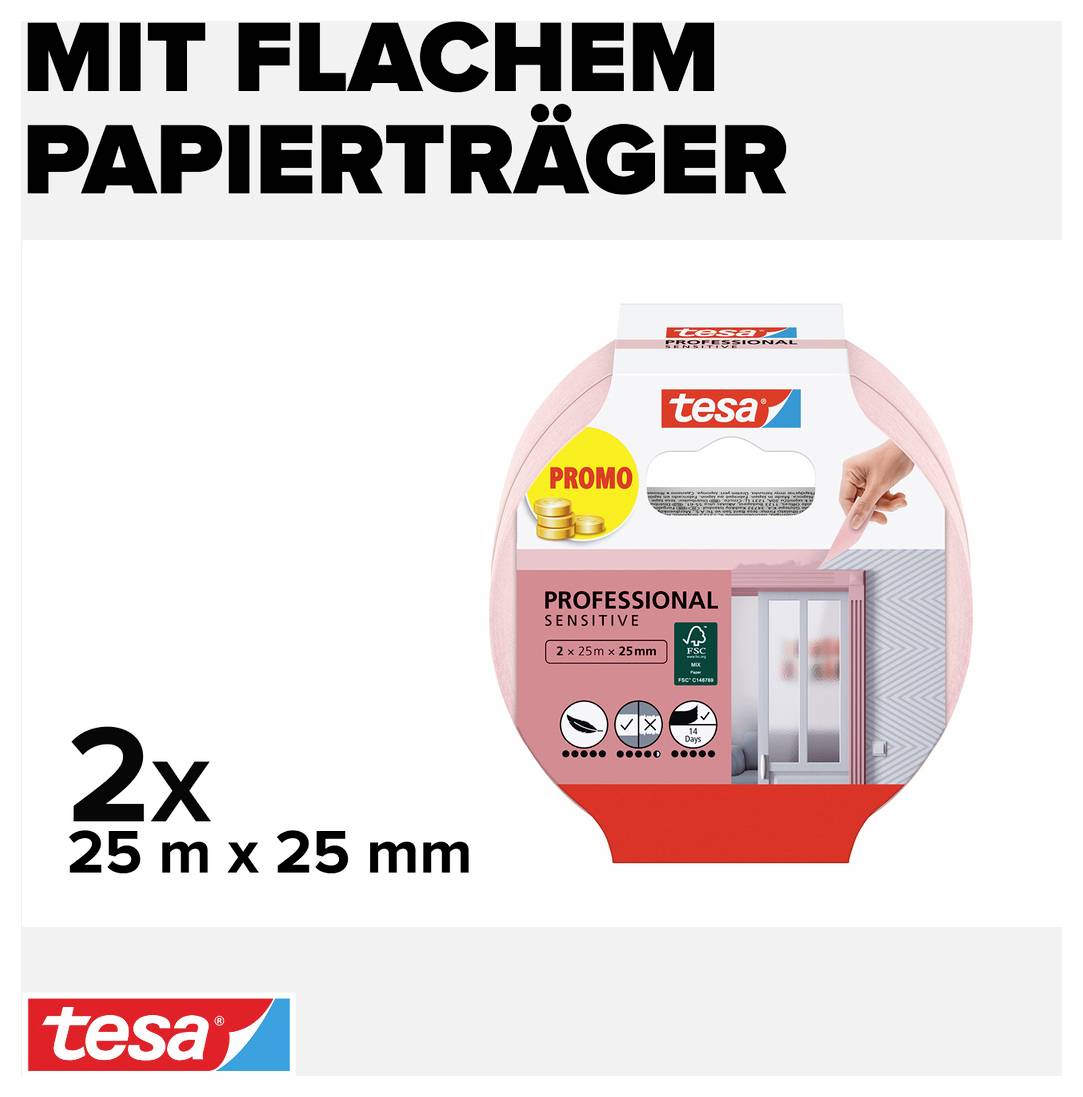 tesa 'Professional Sensitive' lepiaca páska 2-balenie, 25 m x 25 mm, s plochým papierovým nosičom. Zvýraznená propagačná ponuka.