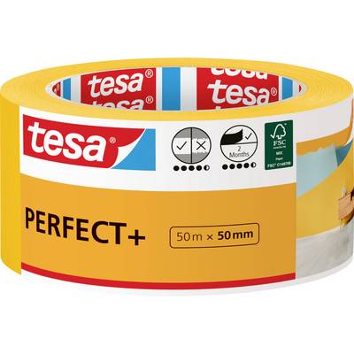 Rolka lepiacej pásky tesa Perfect+, 50m x 50mm, určená na presné maľovanie. Balenie zdôrazňuje dvojmesačnú záruku použiteľnosti a ekologický certifikát.
