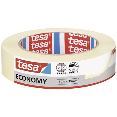 Béžová lepiaca páska značky Tesa s nápisom 'ECONOMY', 50m x 25mm. Balenie zobrazuje symboly pre jednoduché použitie a 4-dňovú trvanlivosť.