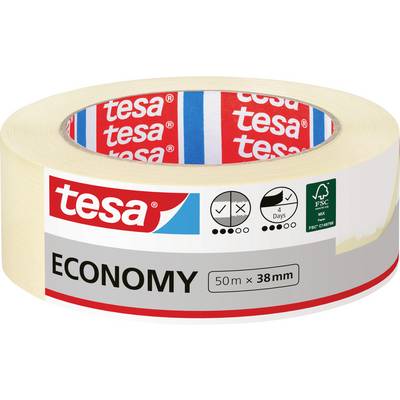 Rolka lepiacej pásky Tesa Economy, 50m x 38mm, disponuje ikonami odolnosti voči trhaniu a 4-denného čistého odstránenia, certifikovaná FSC.