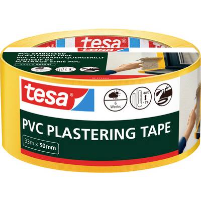 Rolka PVC maliarskeho lepiacej pásky Tesa, 33m x 50mm, zobrazená s použitím ako maľovanie a omietanie.