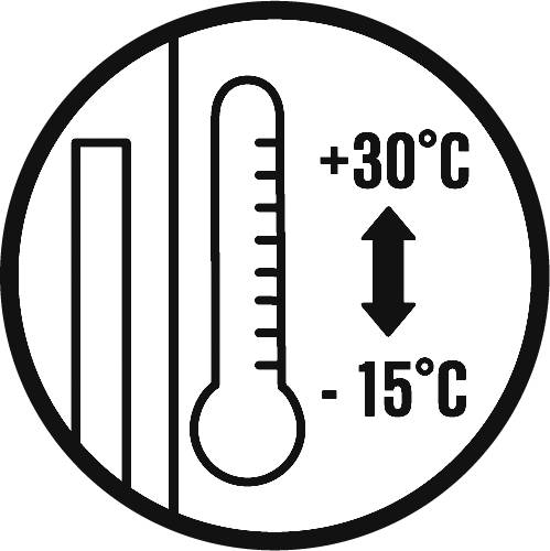 Symbol teplomera s teplotnou stupnicou od +30°C do -15°C, znázorňuje teplotný rozsah.