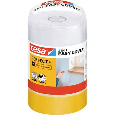 Rolka lepiacej pásky Tesa 2 v 1 Easy Cover Perfect+ na maskovanie a ochranu. Zobrazuje rozmery produktu: 33m x 55cm, stredná veľkosť.