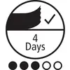 Symbol záruky čerstvosti: Fajka, text '4 Days' a indikátor priebehu so štyrmi vyplnenými a dvoma prázdnymi kruhmi.