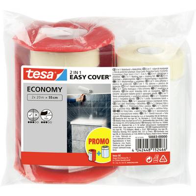 Balenie Tesa Economy 2-v-1 Easy Cover roliek. Červené a biele rolky s plastovým krytom na ochranu počas maľovania.