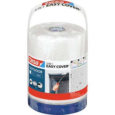 Rolka lepiacej pásky tesa 2 v 1 Easy Cover Outdoor, s integrovanou fóliou, určená na vonkajšie maľovanie, vrátane návodu na použitie.