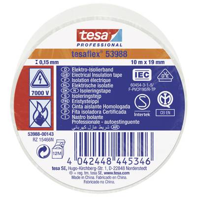 'Rolka elektroizolačnej pásky, značka tesa, model tesaflex 53988, 10 m x 19 mm, 7000 V, CE znak, rôzne normy a certifikačné značky.'