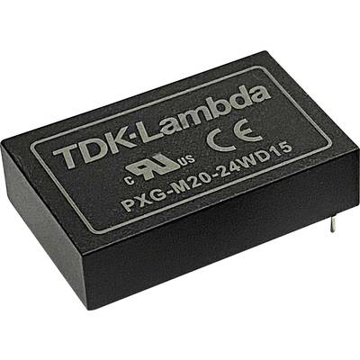 TDK-Lambda PXG-M20-24WD15 jednosmerný menič v obdĺžnikovom puzdre s technickými certifikátmi CE a UL na hornej strane.
