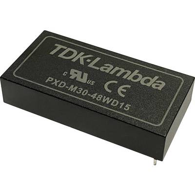 Čierny TDK-Lambda menič napätia, model PXD-M30-48WD15, s vytlačenými certifikáciami UL a CE.