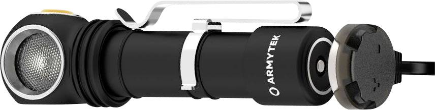 Kompaktná baterka v čiernej farbe s bočným klipom a magnetickým koncovým viečkom. Označenie 'Armytek' na tele baterky.