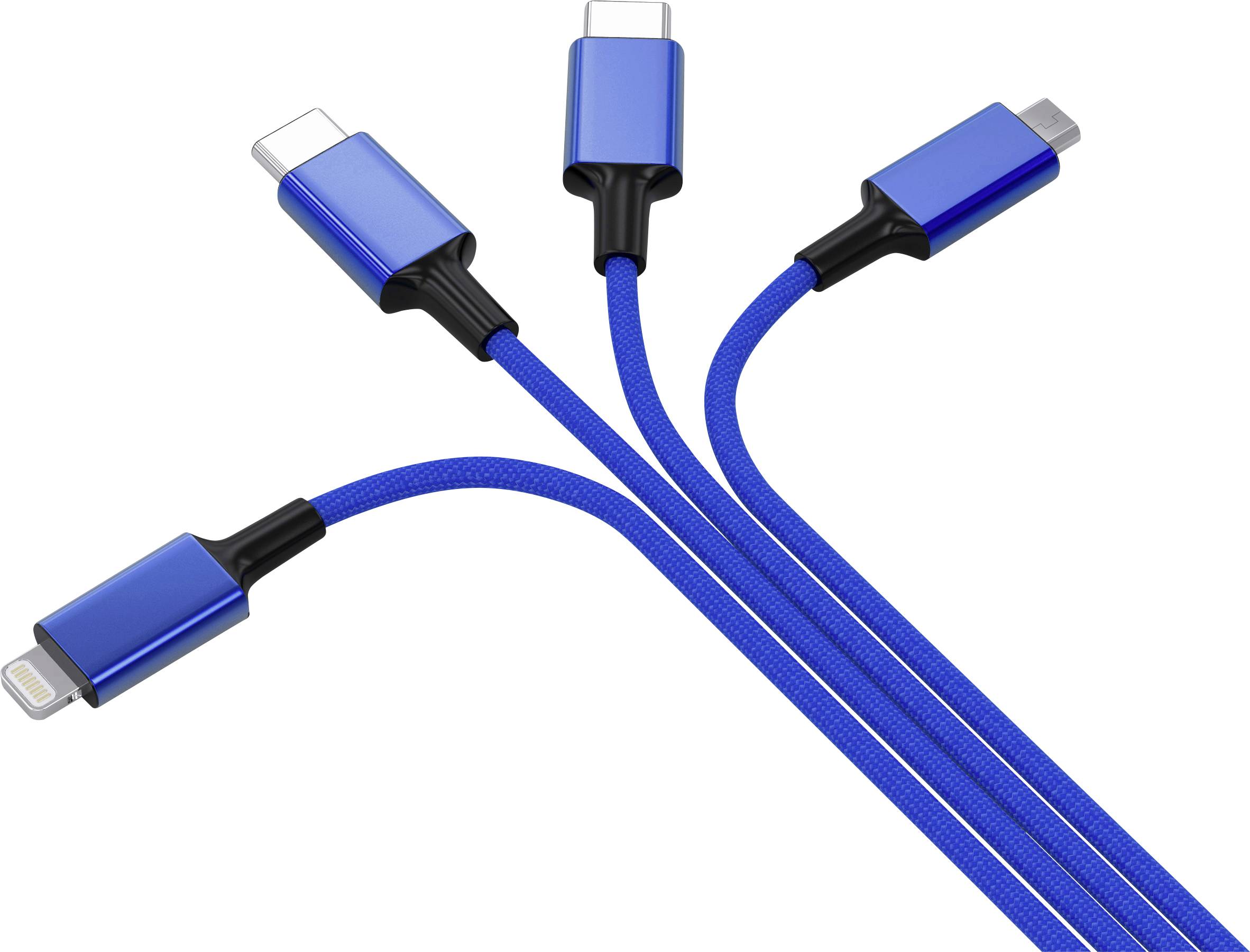Štyri modré USB káble s rôznymi konektormi sú prepojené a ukazujú rôzne možnosti pripojenia.