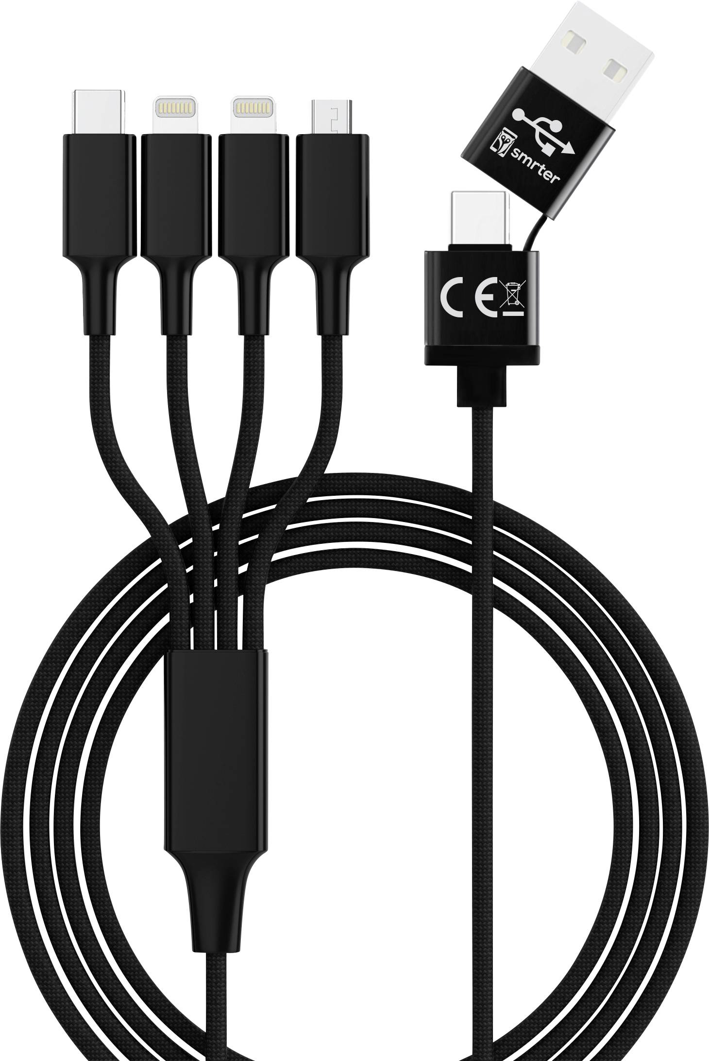 Čierny multifunkčný nabíjací kábel s USB portom a štyrmi rôznymi nabíjacími konektormi pre rôzne zariadenia.