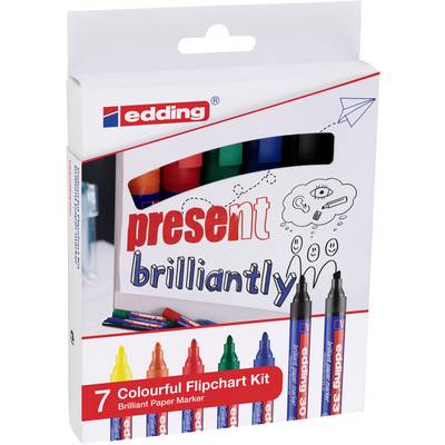 Sedem farebných flipchart fixiek značky edding v červenej, žltej, zelenej, modrej a čiernej farbe. Balenie s nápisom: „present brilliantly"."