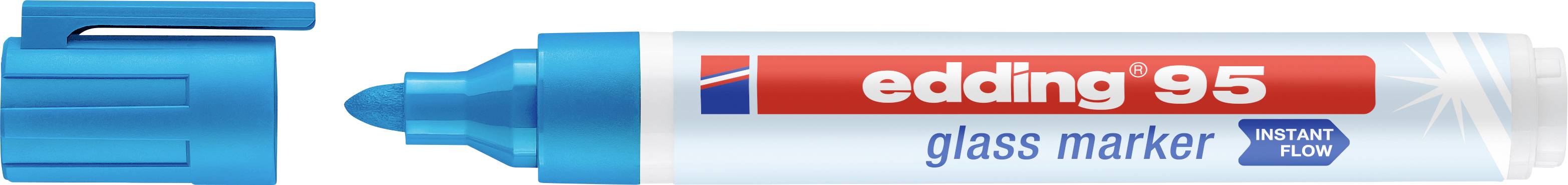 Modrý sklenený fix s otvorenou čiapočkou a etiketou s nápisom 'edding 95 glass marker instant flow'.