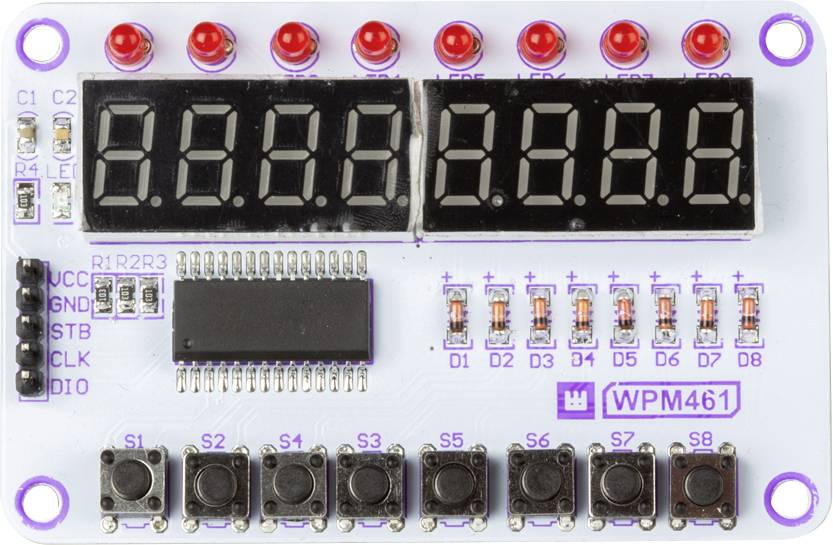 Elektronická doska s LED indikátormi a tlačidlami. Zobrazuje čísla od 00000000 na dvoch segmentových displejoch. Dole je osem tlačidiel.