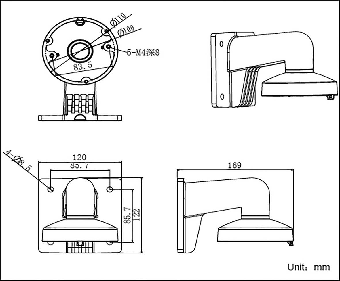 Technický výkres držiaka na stenu v rôznych pohľadoch s rozmermi v milimetroch. Hlavné rozmery: výška 120 mm, šírka 169 mm.