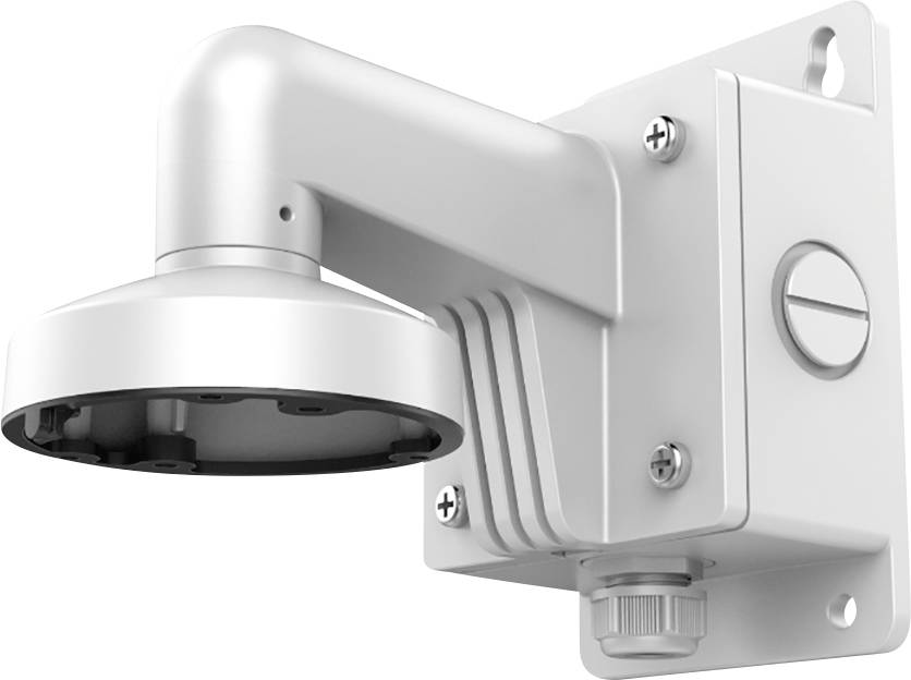 Biela, na stenu montovaná konzola pre CCTV kameru s káblovým pripojením a upevňovacími skrutkami, vhodná pre bezpečnostné kamery.