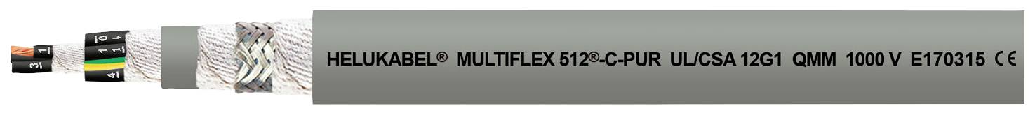 Priečny rez viacžilového kábla s popisom 'HEUKABEL MULTIFLEX 512-PUR UL/CSA 1G2.1 QMM 1000V E1717016 CE'.