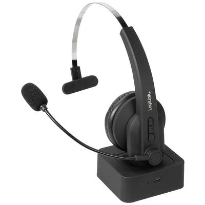 Obrázok znázorňuje čierne bezdrôtové headset s mikrofónom a nabíjačkou. Má mäkkú výstelku a je vhodné pre audiovú komunikáciu.
