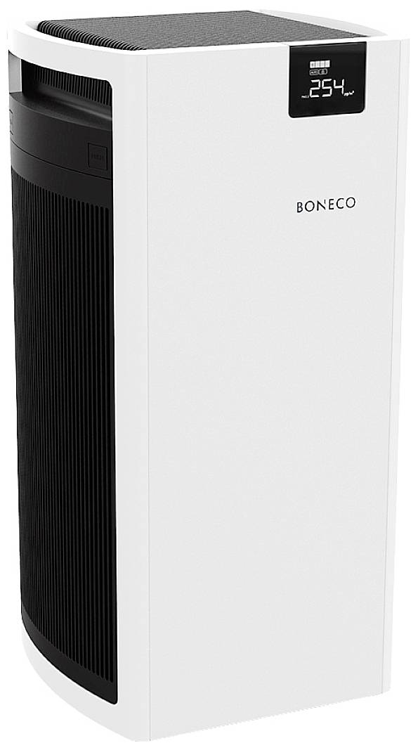 Čistič vzduchu od Boneco s digitálnym displejom, ktorý zobrazuje aktuálne hodnoty kvality vzduchu. Vertikálne orientované biele puzdro s čiernou prednou mriežkou.