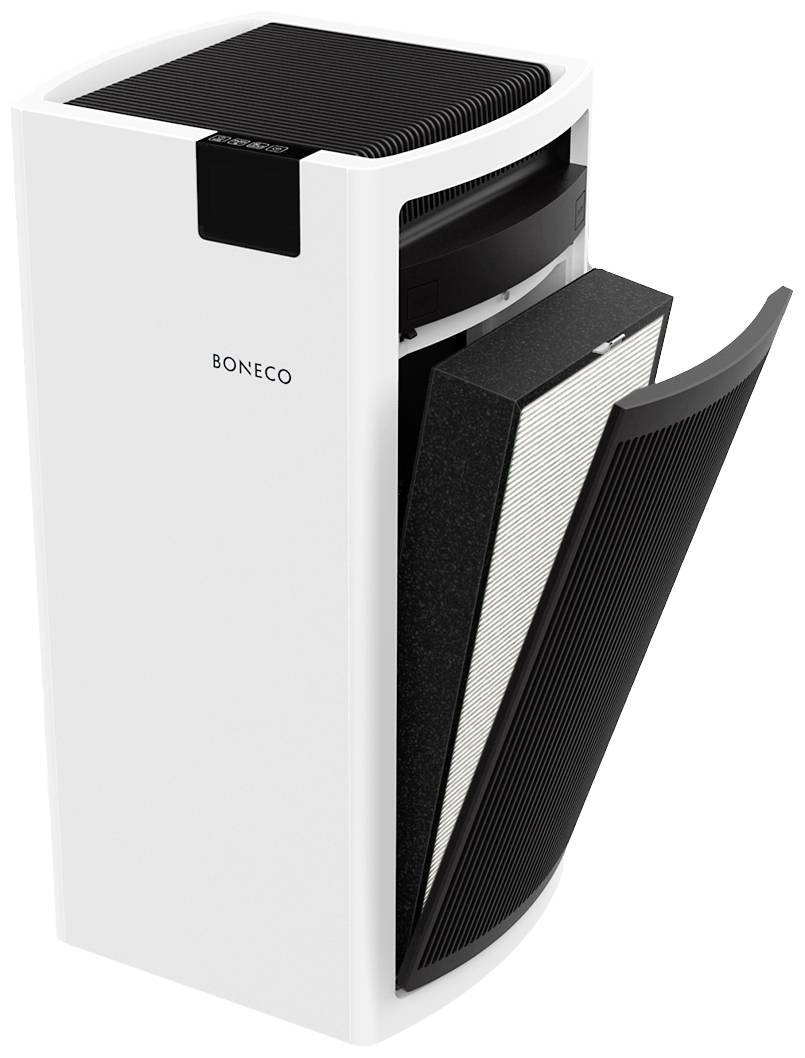 Čistič vzduchu v bielej farbe s otvoreným predným krytom ukazuje vymeniteľný filter.