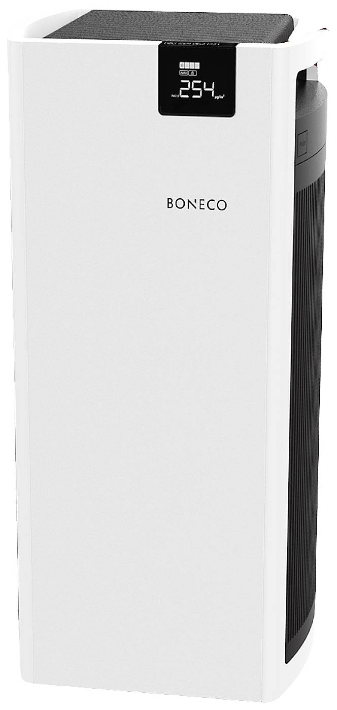 Biely čistič vzduchu stojí vzpriamene. Digitálny displej ukazuje '254'. Zariadenie má nápis 'Boneco'.