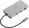 Strieborný USB-C hub značky 'Targus' ponúka HDMI, Ethernet a dva USB porty, pripojený prostredníctvom USB-C kábla.