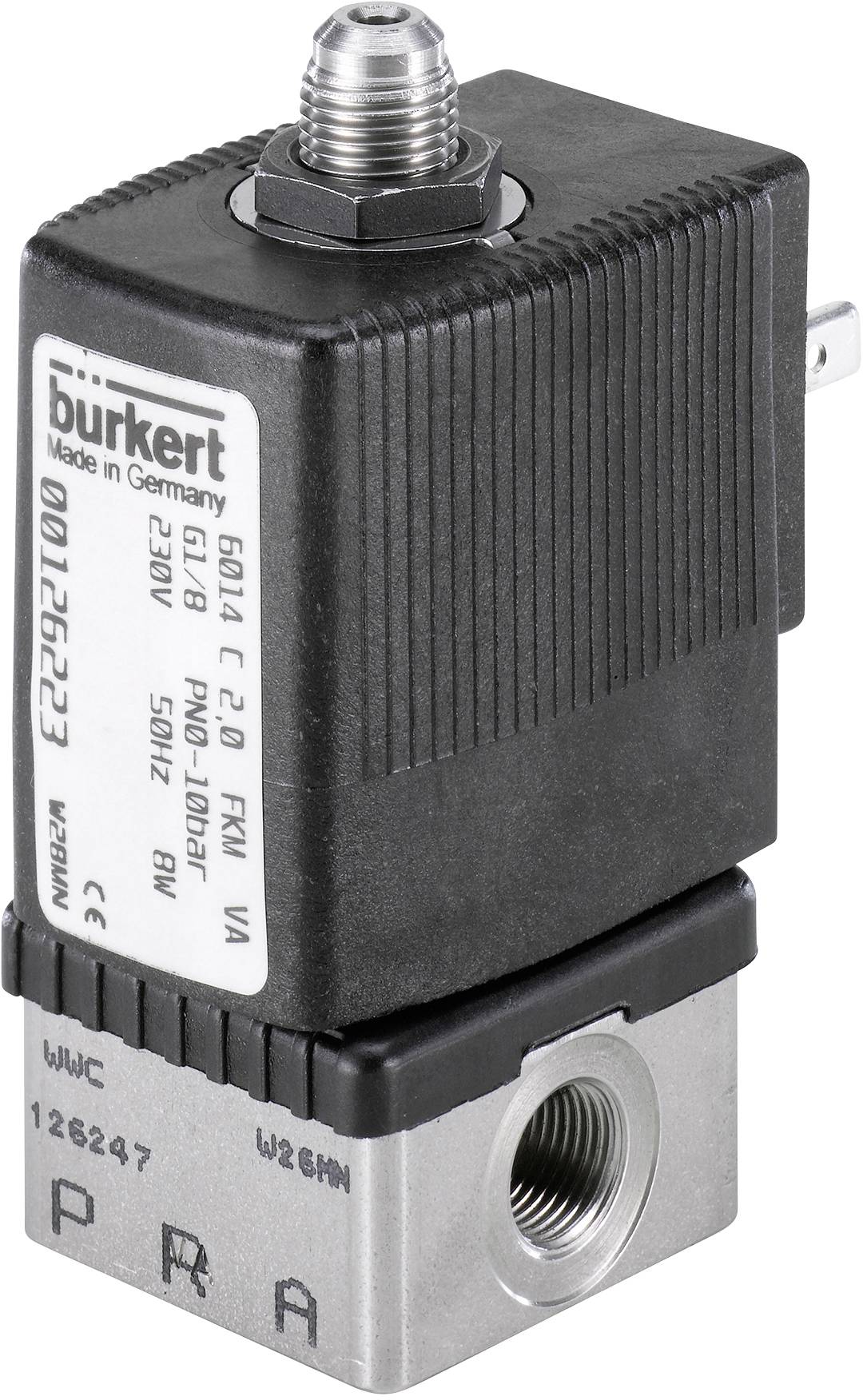 Čierne magnetické ventily s nápisom 'burkert' a technickými špecifikáciami určené pre použitie v pneumatických systémoch.
