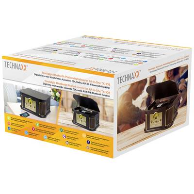 Obal retro Bluetooth gramofónu značky Technaxx. Zobrazuje obrázky produktu a funkcie ako rádio a AUX vstup.
