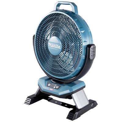 Prenosný modrý ventilátor s veľkou mriežkou, plastovým krytom a centrálnou rukoväťou; vhodný do dielne alebo domácnosti.