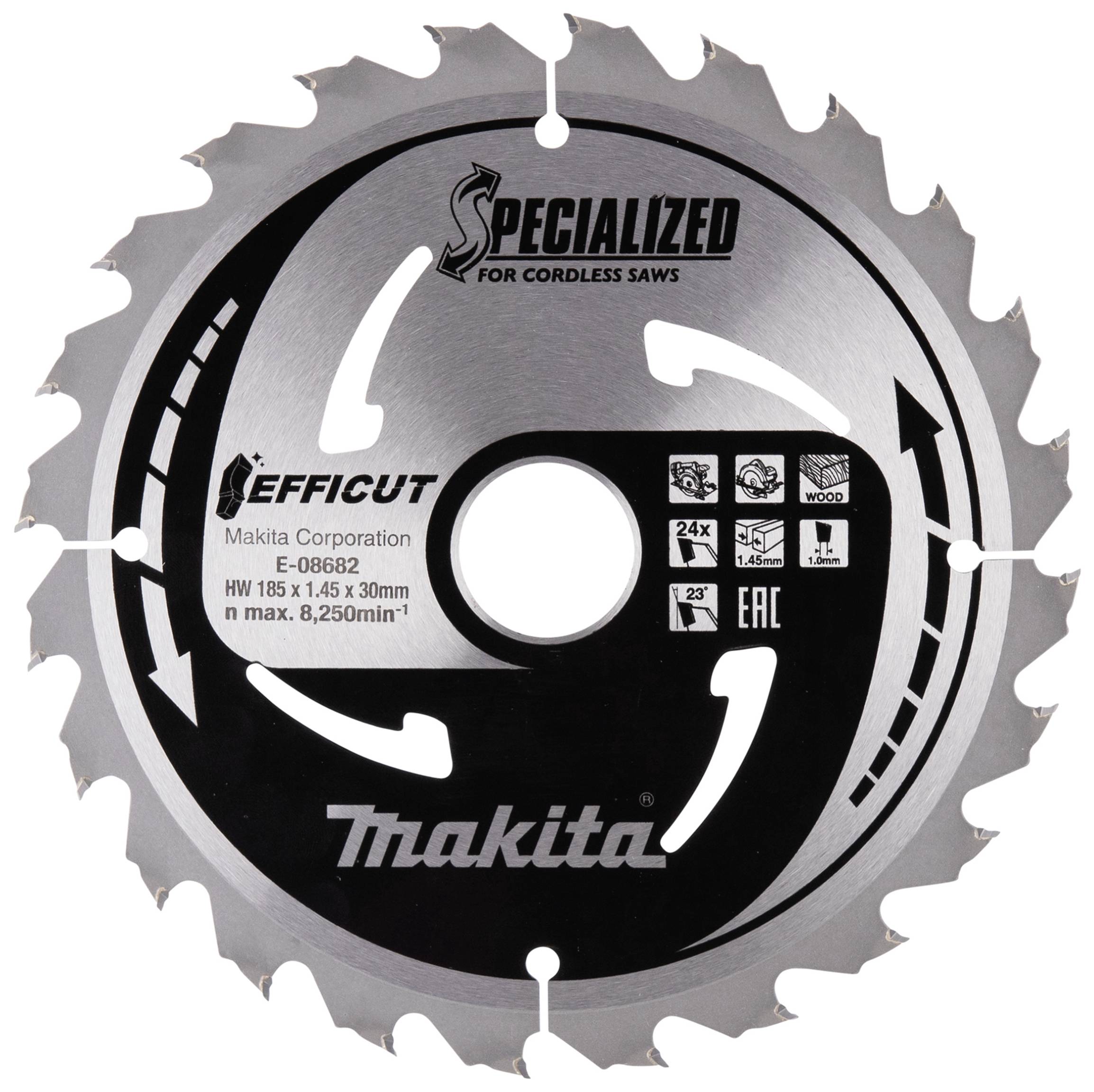 Kotúč pílový s nápisom 'Makita', 'Špeciálny pre akumulátorové píly'. Vhodný na drevo, priemer 185 mm, 24 zubov.
