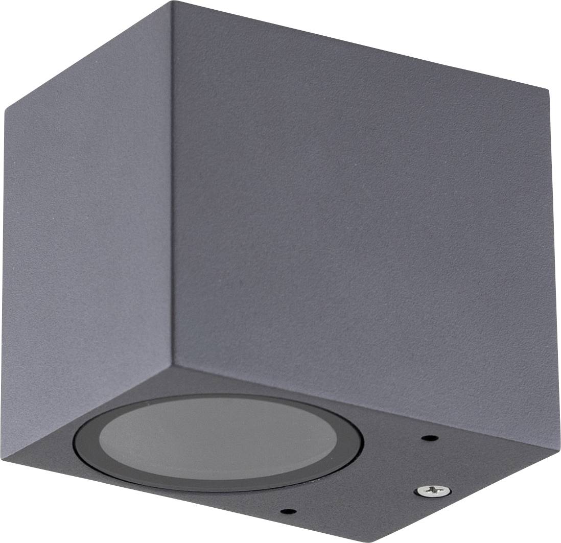 Štvorcové sivé vonkajšie nástenné svetlo so kruhovou objektívom downlightu na spodnej časti.