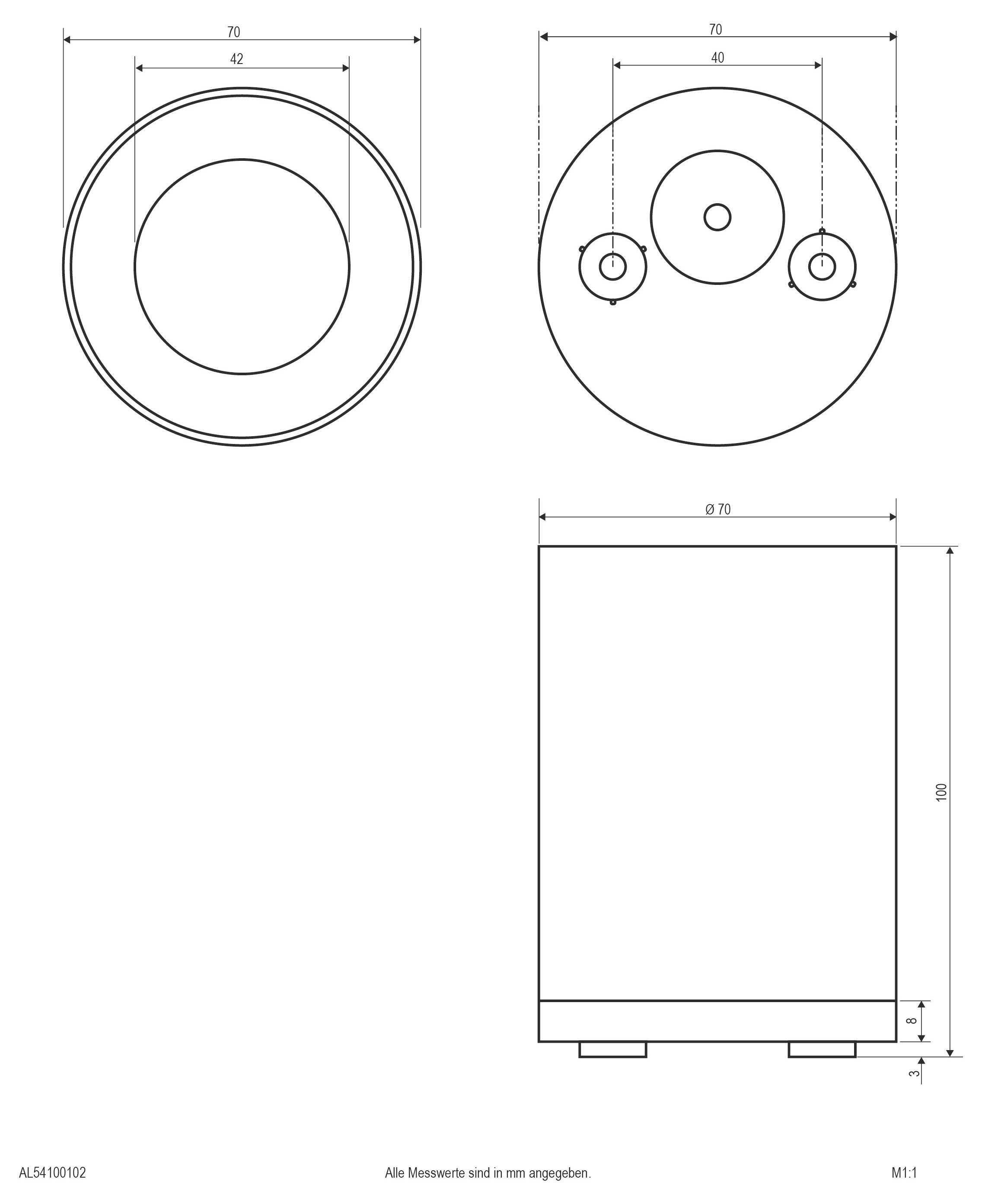 Technický výkres valcového zariadenia s predným, horným a bočným pohľadom, ktorý ukazuje priemer 70 mm a výšku 100 mm.
