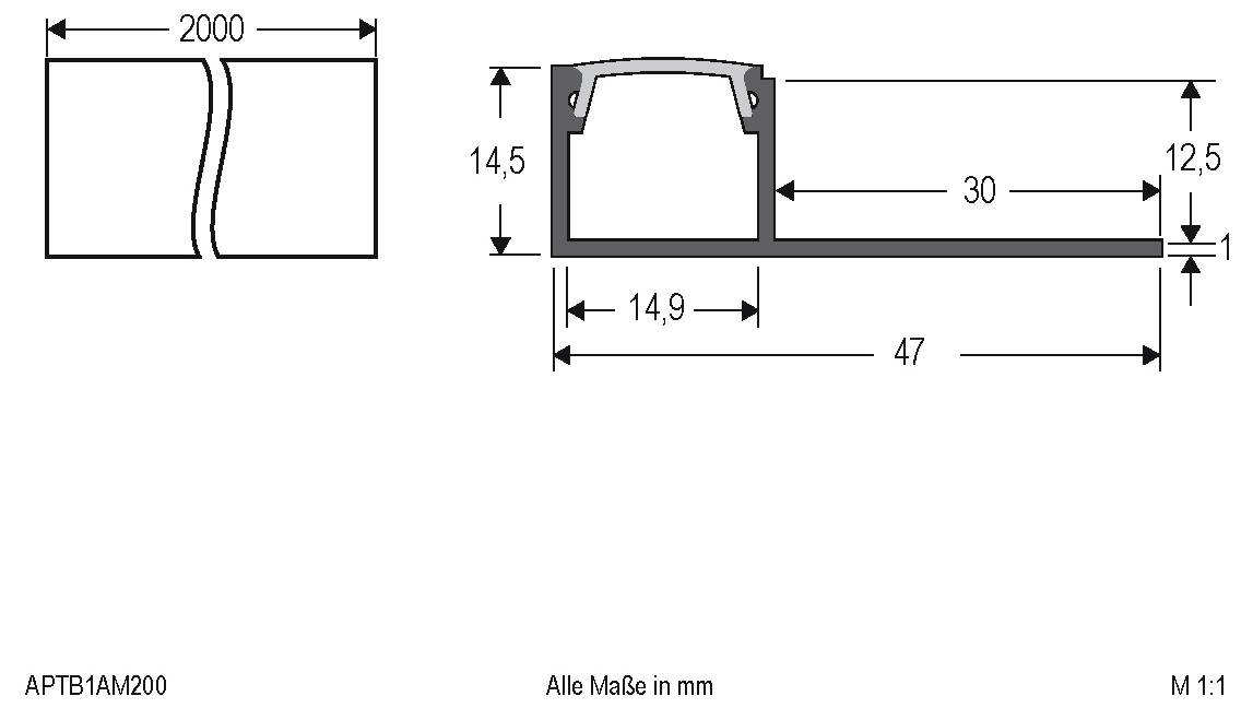 Technický výkres profilu svorky: vľavo je zobrazená dĺžka 2000 mm, vpravo je znázornený prierez a rozmery v milimetroch, vrátane 47, 30, 14,9, 14,5, 12,5 a 1 mm.