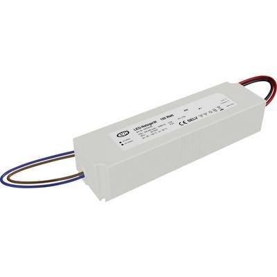 Biela LED napájacia/riadiaca jednotka s modrým a hnedým vstupným vedením a červeným/čiernym výstupným vedením na bielom pozadí.