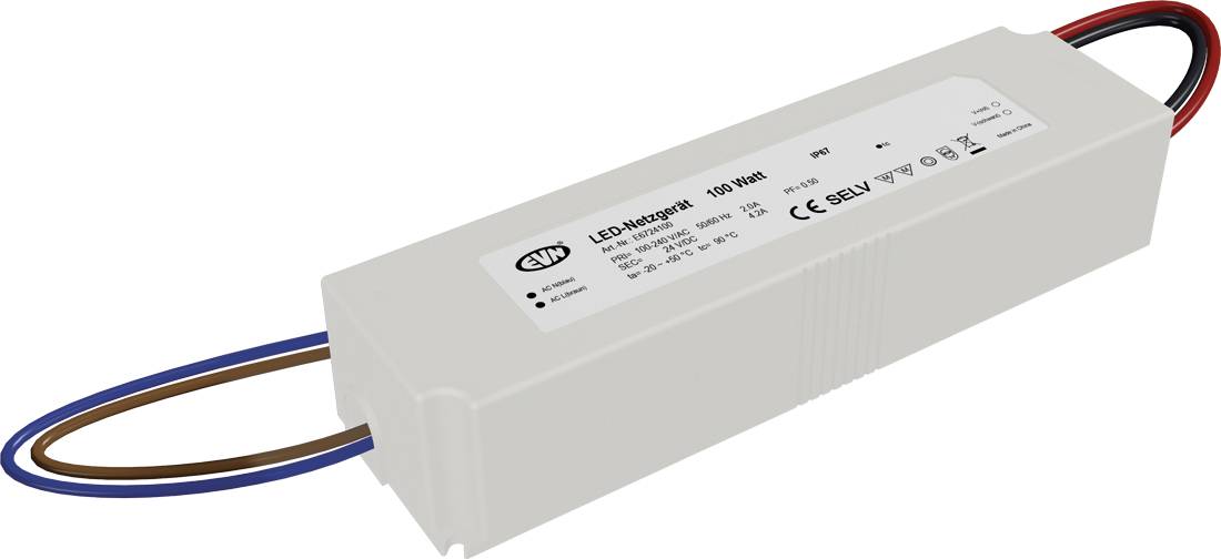 Biely LED transformátor napájacieho zdroja s pripevnenými červeno-čiernymi a hnedo-modrými vodičmi na bielom pozadí.