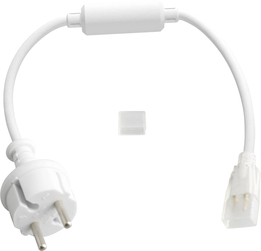Biely elektrický prívod s európskou dvojitou zásuvkou na jednom konci a konektorom na druhom konci, plus malá adaptérová časť v strede.
