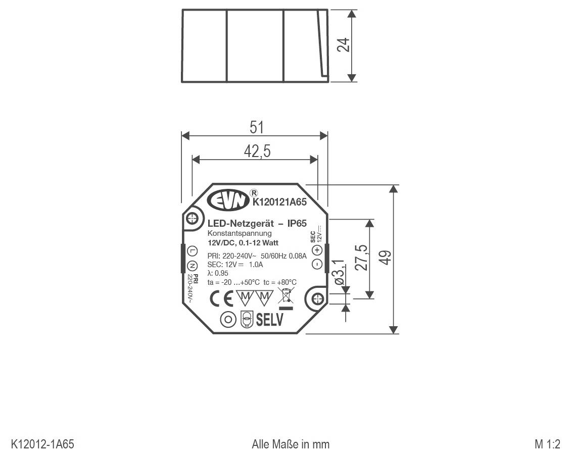 Technický výkres LED zdroja napájania EVN, model K120121A65, so znamienkami rozmerov v mm a označenými špecifikáciami: LED-Netzgerät IP65, stabilizované napätie 12V DC, 12W.