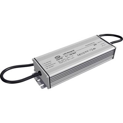 Striebristá LED jednotka ovládača/napájacieho zdroja s čiernymi kabelmi a kovovým krytom, označená 0,1–100 Watt, zobrazená na bielom pozadí.