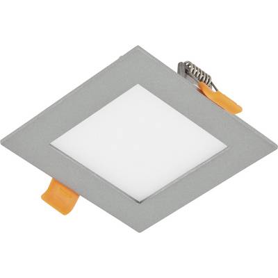 Štvorcový zapustený LED stropný panelový reflektor so sivým rámom a bielym stredom, zobrazený s pružinami na inštaláciu.