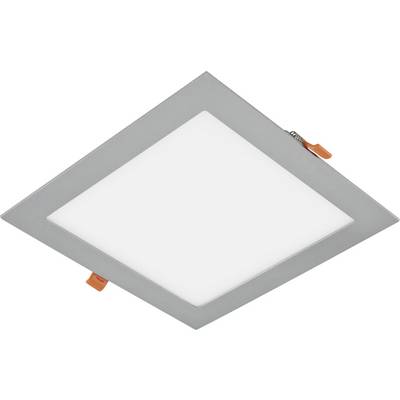Štvorcový zapustený stropný LED panel s sivým rámom a bielym difúzorom, zobrazený na bielom pozadí.