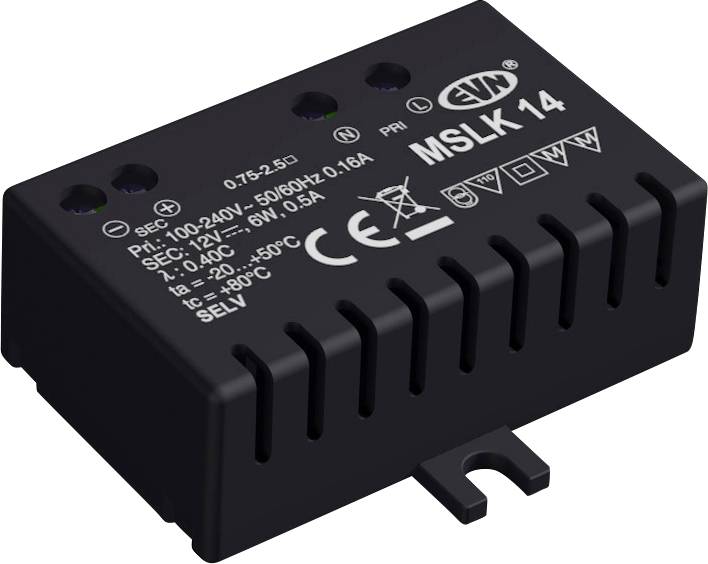 Čierna obdĺžniková elektronická napájacia jednotka označená „MSLK 14" s viacerými svorkami a ventilačnými štrbinami, zobrazená v 3D na bielom pozadí.