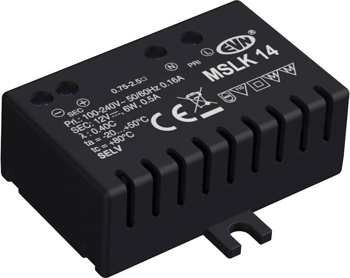 Čierny uzavretý elektrický modul označený "MSLK 14" s viacerými otvormi na svorky a špecifikáciami napätia/prúdu vytlačenými na vrchu.