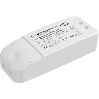 Biely elektronický LED zdroj napájania s tlačenými špecifikáciami a bezpečnostnými symbolmi na vrchu.