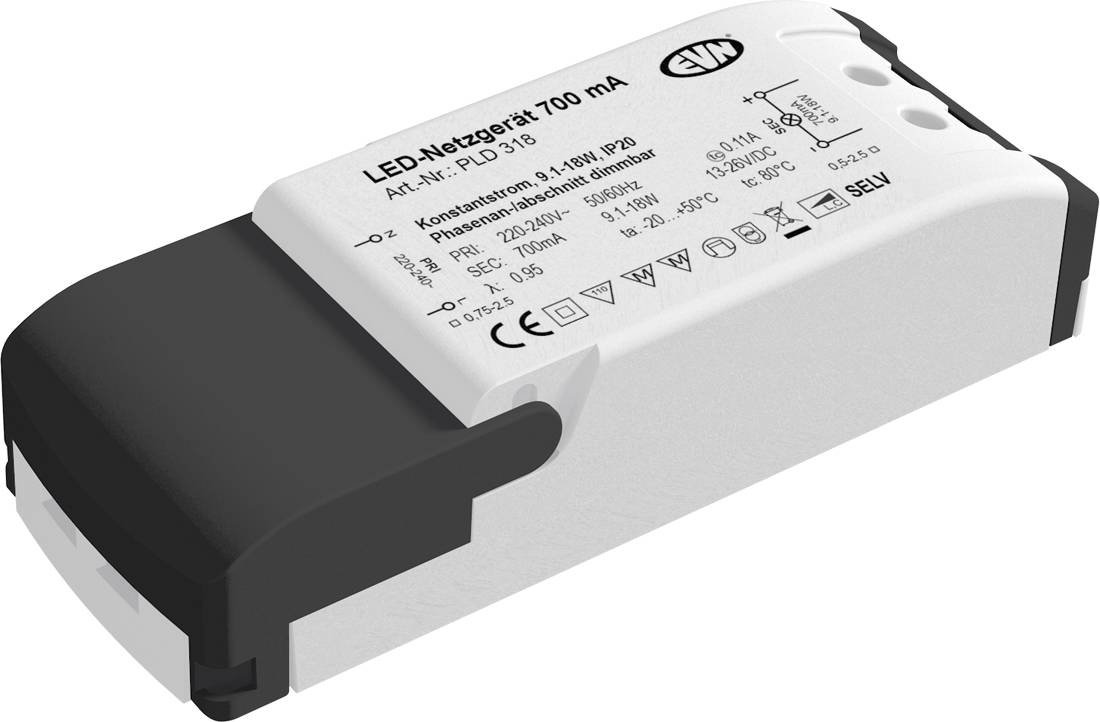Modul napájacieho zdroja pre biele LED s čiernymi koncovkami, označený „LED-Netzteil 700 mA" a technickými špecifikáciami vytlačenými na vrchu.