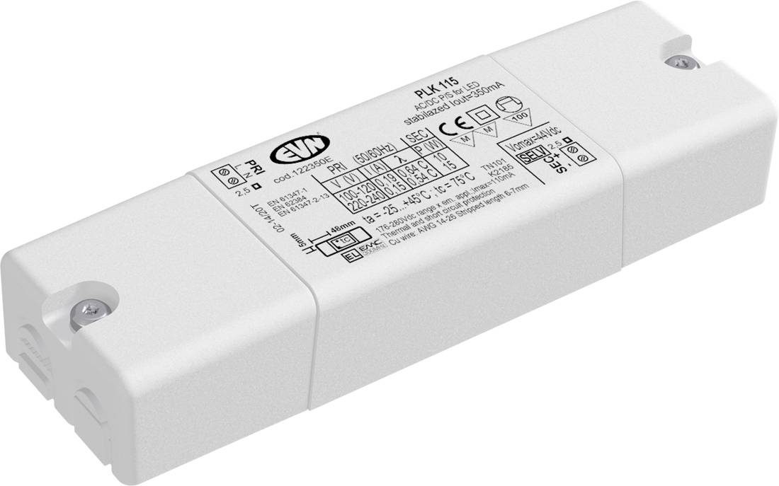 Biely obdĺžnikový elektrický balast/riadiaci modul s vytlačenými špecifikáciami a schémou zapojenia na vrchu, zobrazený na bielom pozadí.