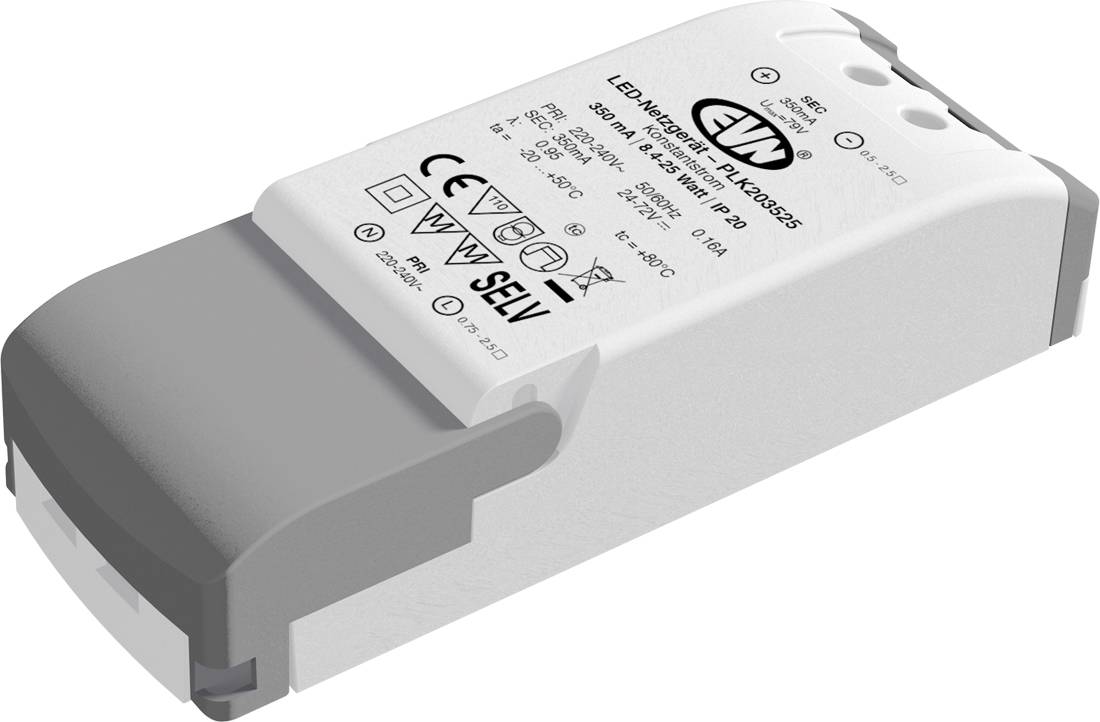 Biely LED napájací ovládací modul so sivou koncovkou, zobrazený v uhlovom produktovom zábere na bielom pozadí.