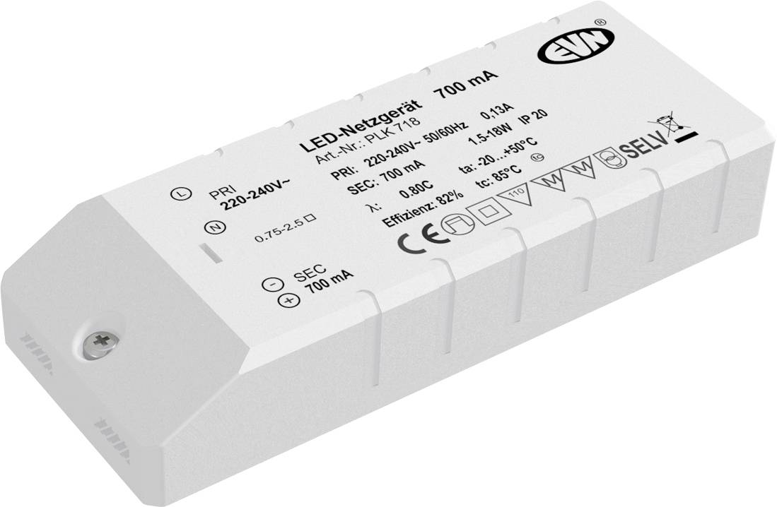 Biely LED ovládač zdroja napájania označený 'LED-Netzgerät 700 mA' s technickými špecifikáciami vytlačenými na vrchu.